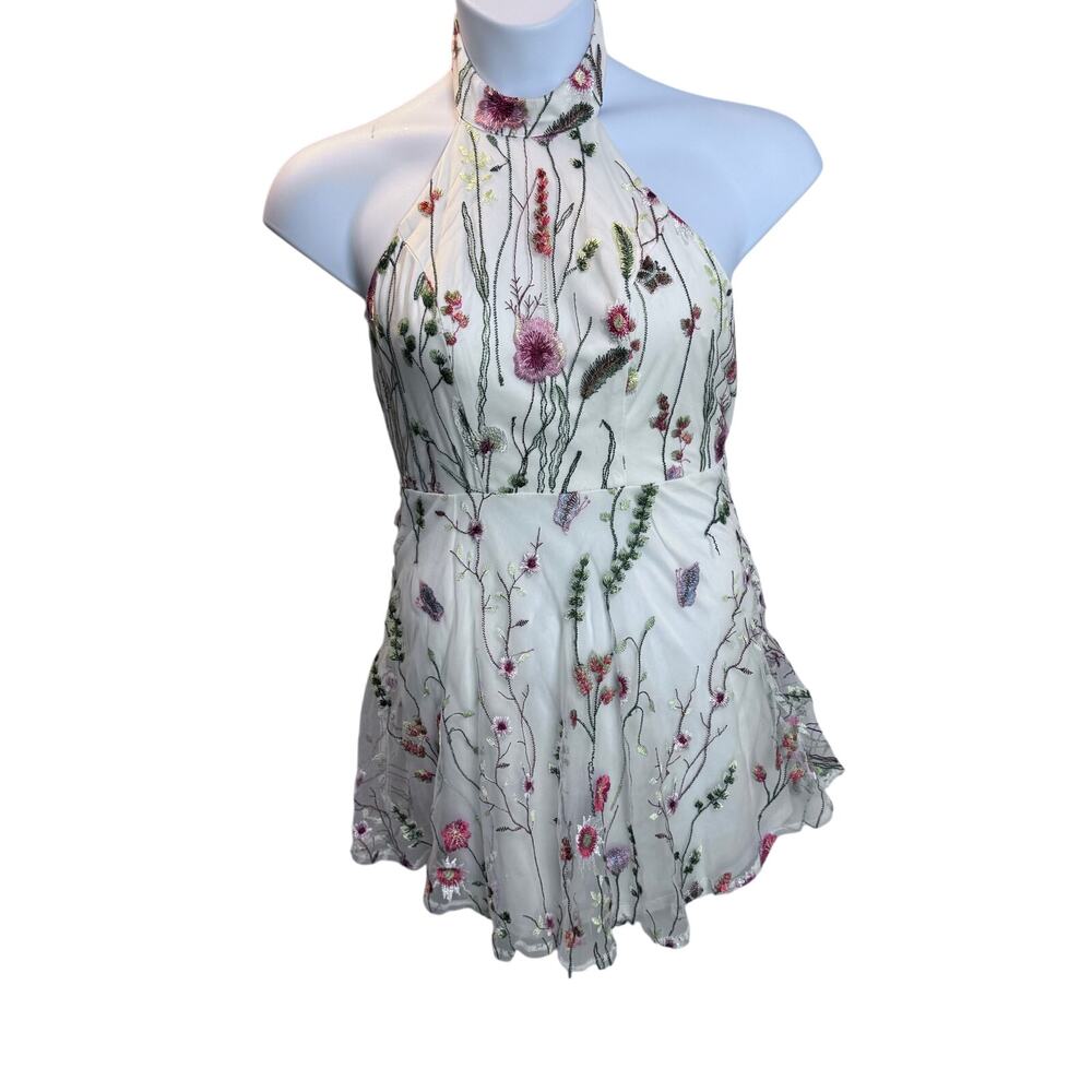 Luxxel Floral Embroidered Halter Mini Dress Open Back Small Coquette Fairycore